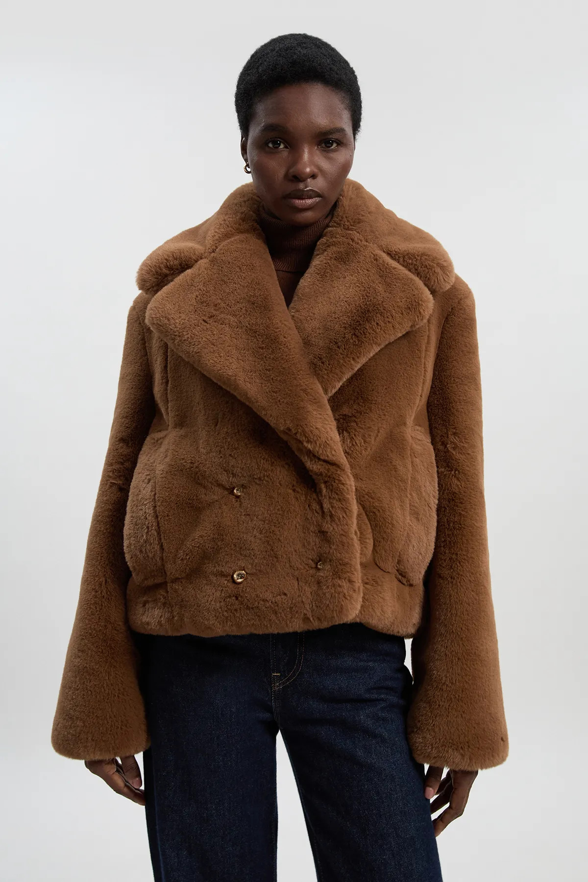 Faux Fur Buttoned Short Coat | Karen Millen UK + IE + DE + NL