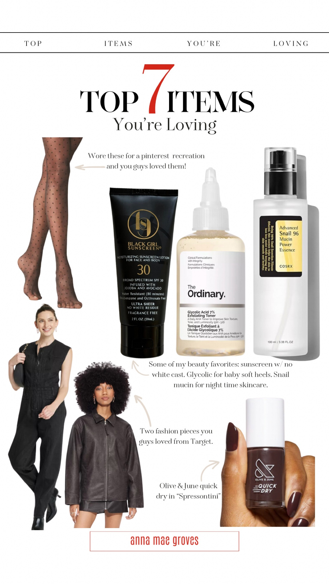 Things you’re loving this week! 
• polka dot sheer tights 
• skincare favorites: sunscreen, glycolic acid, and snail mucin. 
• denim jumpsuit 
• oversized faux leather jacket 
• O&J quick dry polish

#LTKStyleTip #LTKOver40