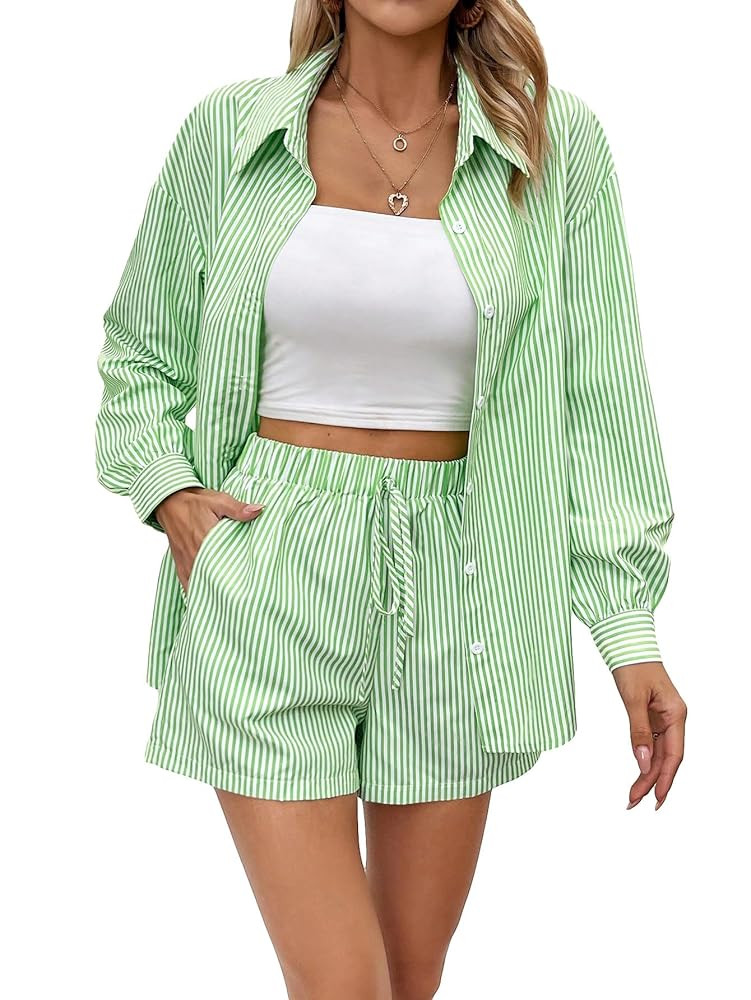 Verdusa Women's 2 Piece Outfit Button Long Sleeve Striped Shirt and Shorts Sets | Amazon (US)