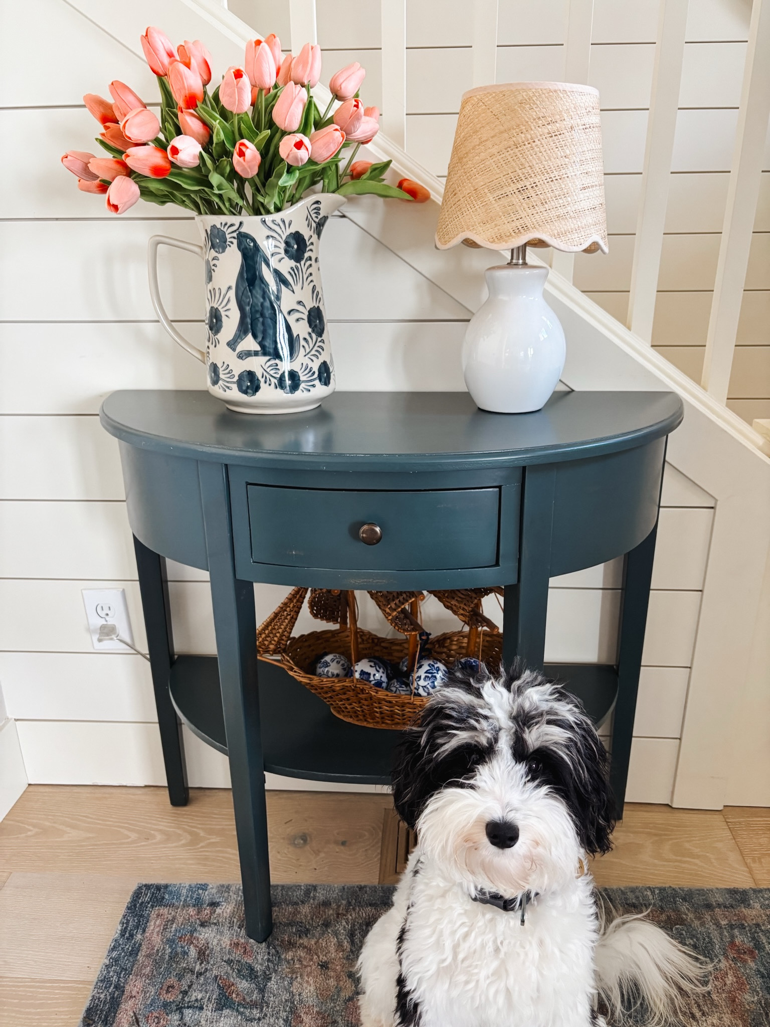 Entry - scalloped shade lamp, faux tulips (I mixed two colors), console table, rug (so soft!), blue and white ornaments under table 

#LTKHome #LTKSeasonal #LTKStyleTip