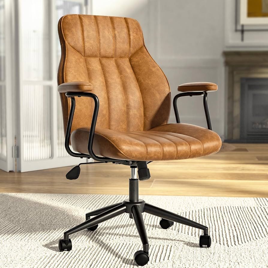 Brown Leather Office Chair, Vintage Desk Chair with Wheels and Arms, Height Adjustable Mid Centur... | Amazon (US)