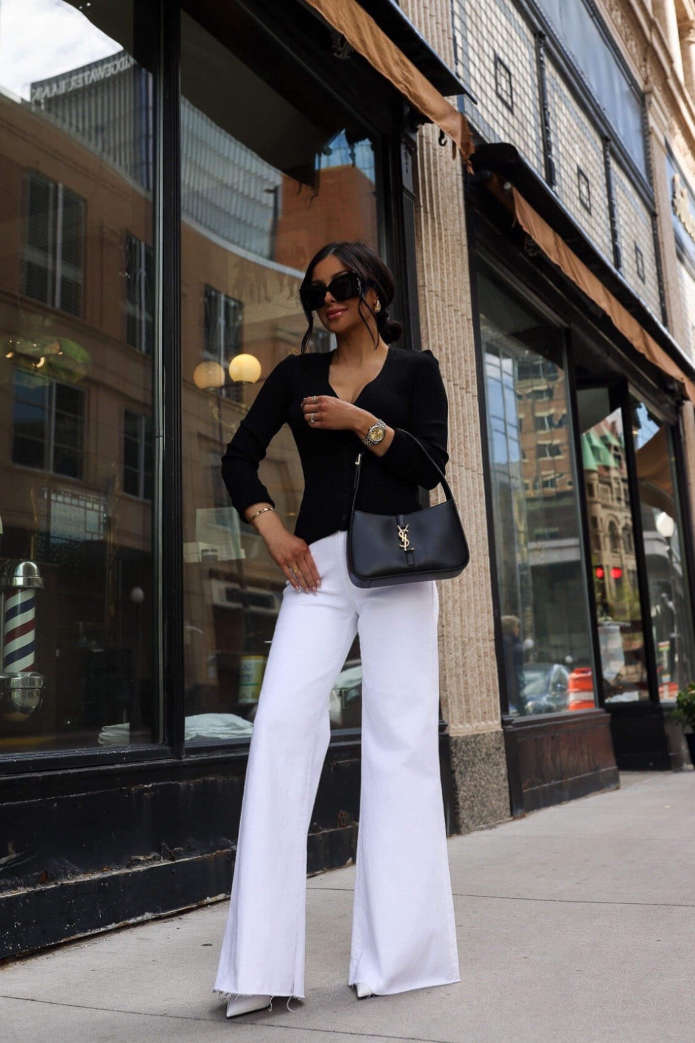 Spring workwear
Mother wide leg jeans
Black cardigan 
Prada slingback pumps 

#LTKStyleTip #LTKShoeCrush #LTKWorkwear