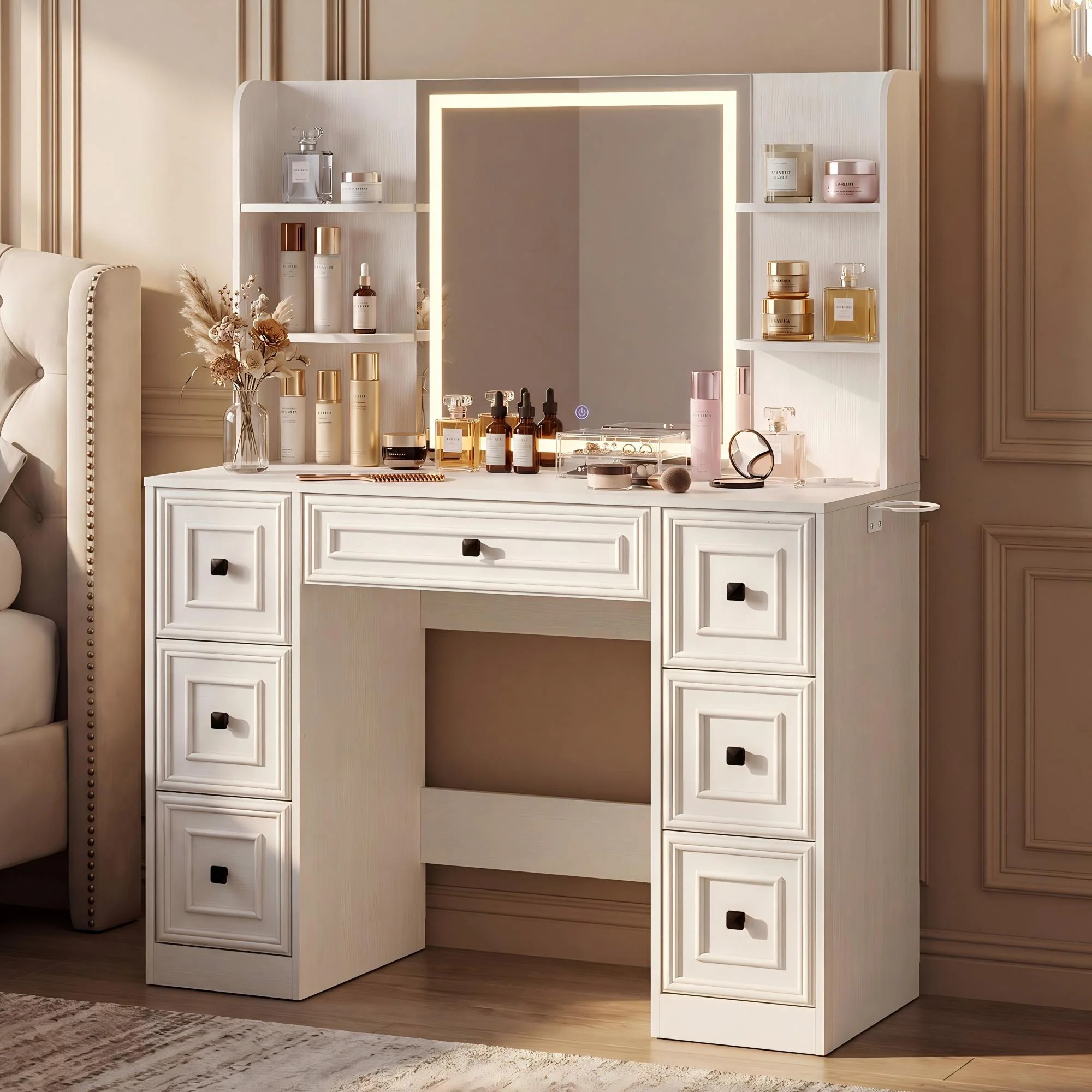 43.3" Makeup Vanity Desk with LED Lighted Mirror, Charging Station and 7 Drawers | Wayfair North America