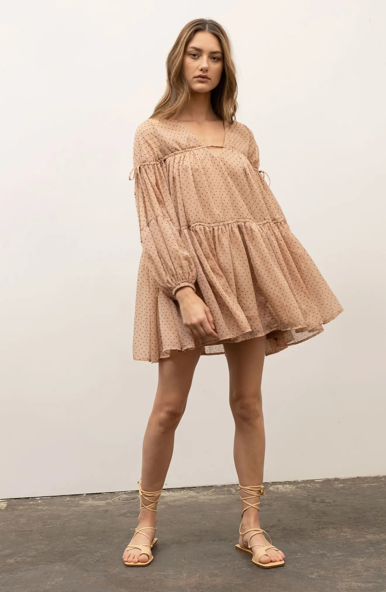 MOON RIVER Polka Dot Tiered Babydoll Dress in Beige at Nordstrom, Size X-Small | Nordstrom