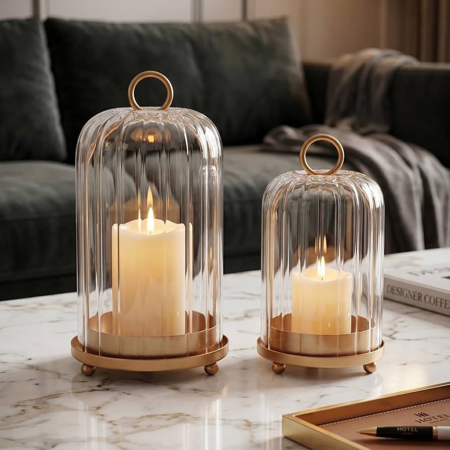 Vintage Brass Metal Candle Lantern with Ribbed Thick Glass Dome \u2013 Set of 2 Shabby Chic Style... | Amazon (US)