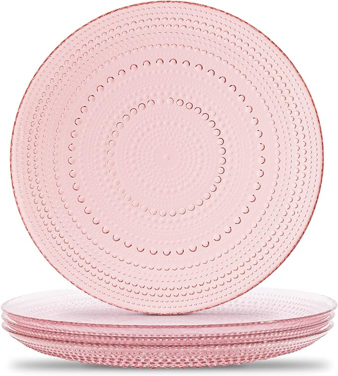 Pink Hobnail Plates, Set of 4 Glass Vintage 10.5” Dinner Plates that are Dishwasher Safe | Amazon (US)