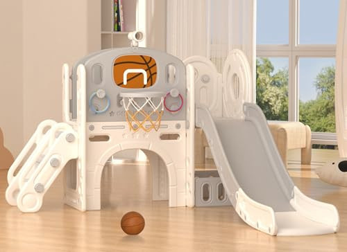 YUFU 9 in 1 Toddler Slide Set, Kids Slide for Toddlers Age 1-3, Toddler Playset with Basketball Hoop and Ball, Outdoor Indoor Playground for Toddlers 1-3 (Beige+Gray) | Amazon (US)