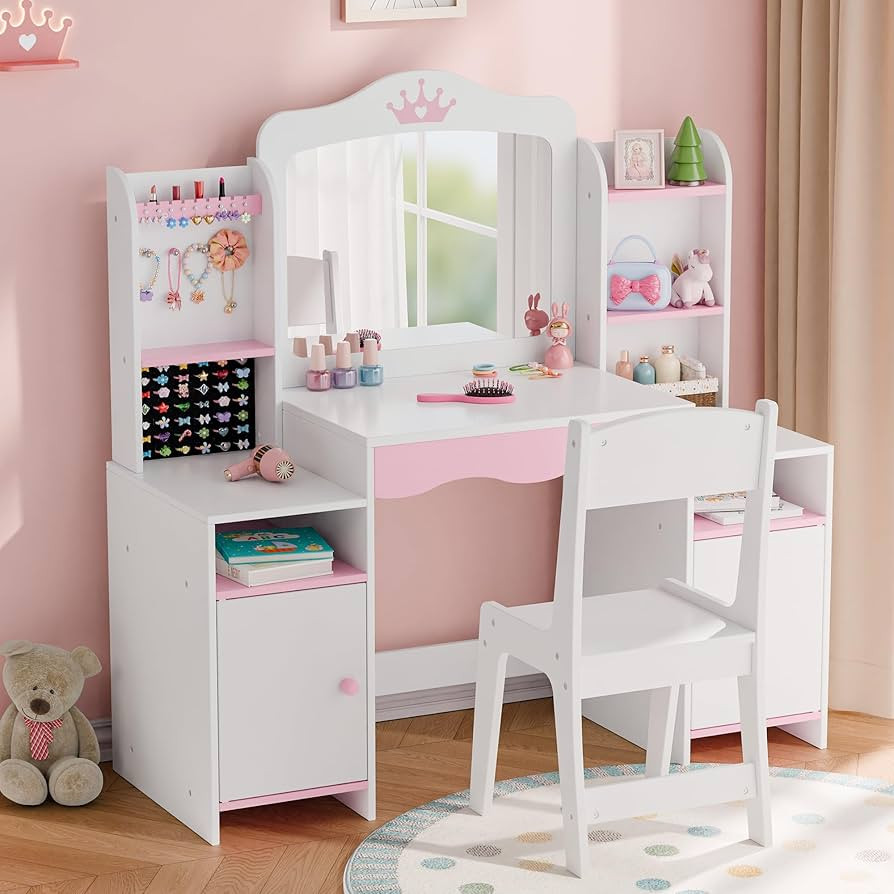 MU Kids Vanity, Girl Vanity Set with Mirror and Stool, 2 in 1 Toddler Makeup Vanity Table with Je... | Amazon (US)