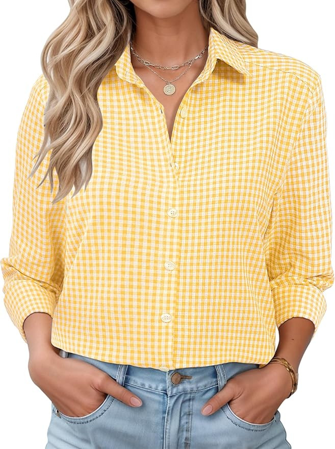 LOMON Womens Long Sleeve Button Down Shirts Casual Loose Fit Cotton Collared Blouses | Amazon (US)
