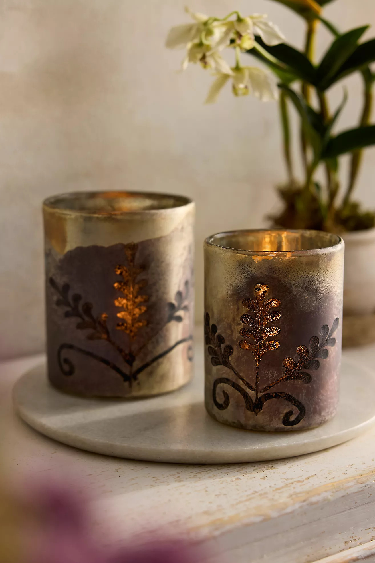 Burnished Leaves Glass Votive | Anthropologie (US)