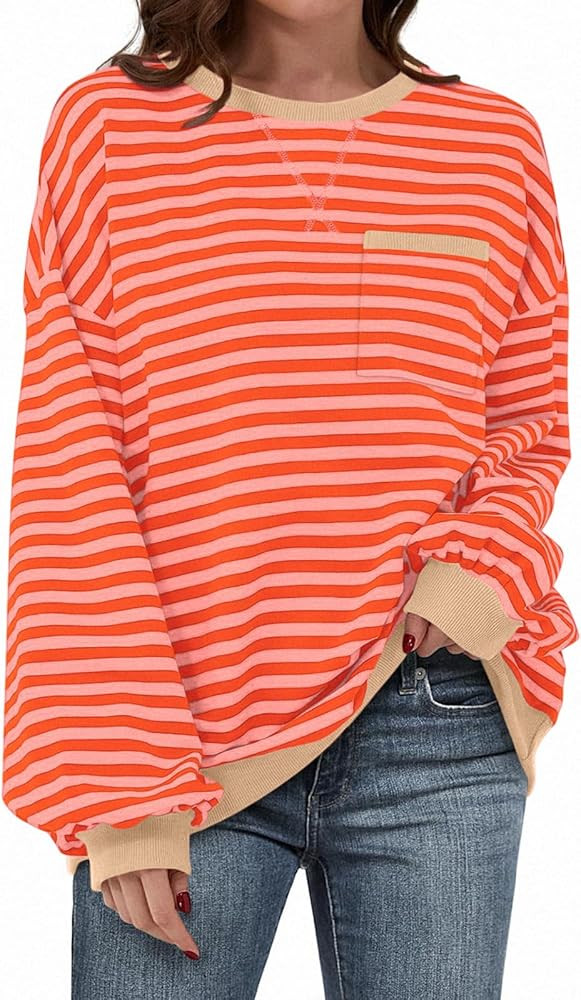 TARSE Oversized Crewneck Sweatshirt for Women Dropped Shoulders Striped Shirt Plain Pullover Ladi... | Amazon (US)