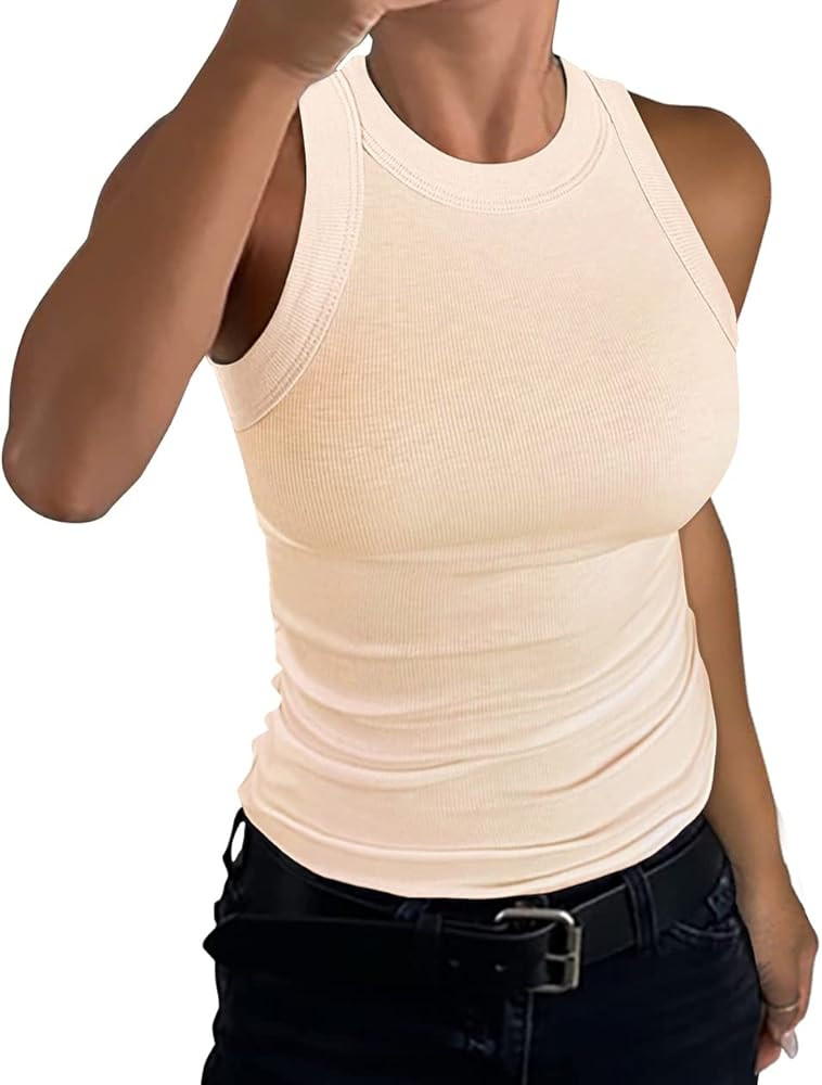 GEMBERA Womens Sleeveless Racerback High Neck Casual Basic Cotton Ribbed Fitted Tank Top | Amazon (US)