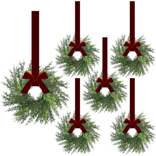 Crowye 6 Pcs Small Christmas Cedar Wreaths 15.7 Inch Hanging Christmas Kitchen Cabinet Mini Wreaths Real Touch with Bow and Velvet Burgundy Red Ribbon for Door Chair Window Fireplace Xmas Home Decor | Amazon (US)