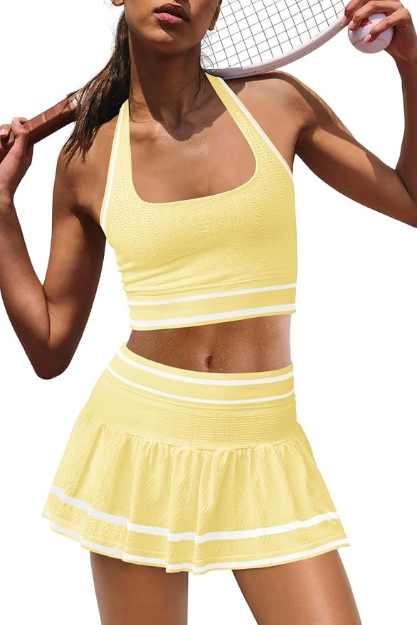 Panadila Women 2 Piece Tennis Skirt Sets Athletic Sets Halter Sports Bra and Mini Skort Picklebal... | Amazon (US)