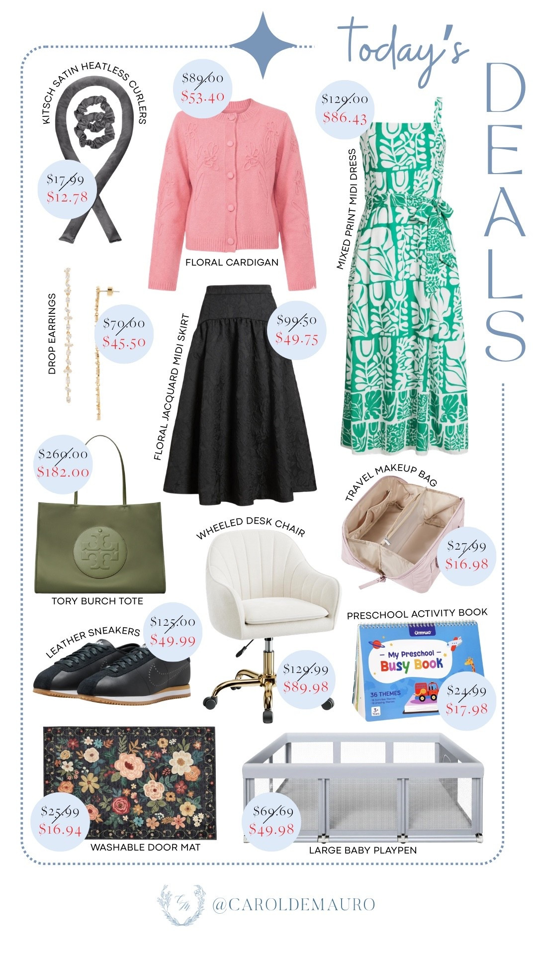 You're going to love today's deals, including a mixed print midi dress, a jacquard midi skirt, a classy Tory Burch tote, Nike Cortez leather sneakers, a wheeled desk chair, a floral washable door mat, a travel makeup bag, and a large baby playpen!

fashion deals, office furniture, spring wardrobe, beauty essentials, travel must haves, on sale now, baby registry, toddler finds, Kitsch

#LTKSeasonal #LTKootd #LTKU
