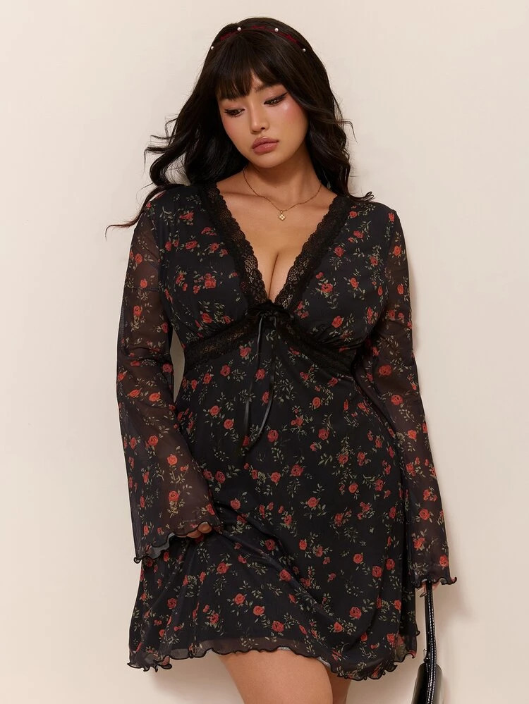 CovetEZ Autumn/Winter Vintage Floral Lace Patchwork Contrast Color Casual Plus Size Flare Sleeve ... | SHEIN