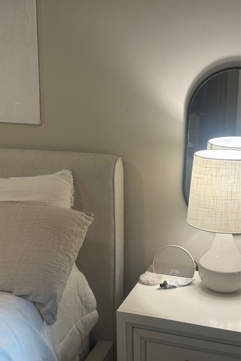 my favorite part of my home ☁️ always look forward to getting cozy here at night and waking up here in the morning! I couldn’t find the brand to the bed frame on ltk but it is the living spaces dean sand bed frame 🫶🏼

#LTKhome #LTKstyletip