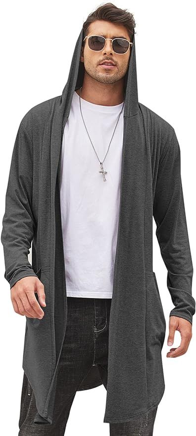 COOFANDY Men's Long Hooded Cardigan Shawl Collar Lightweight Open Front Drape Cape Overcoat with ... | Amazon (US)
