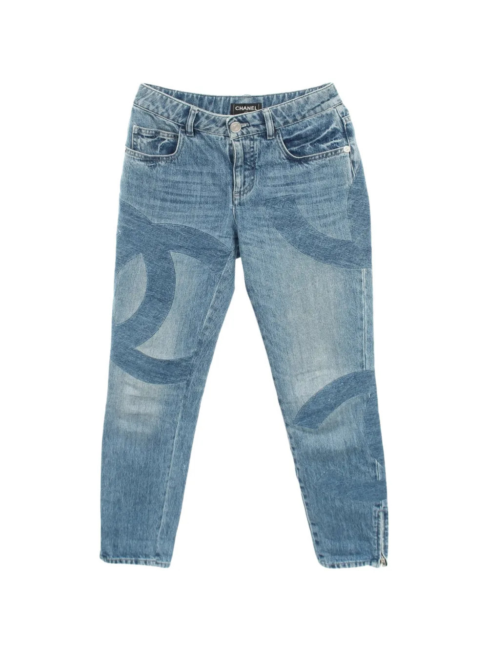 CHANEL Pre-Owned 1986-1988 Coco Mark zip-up jeans - Blue | Farfetch Global