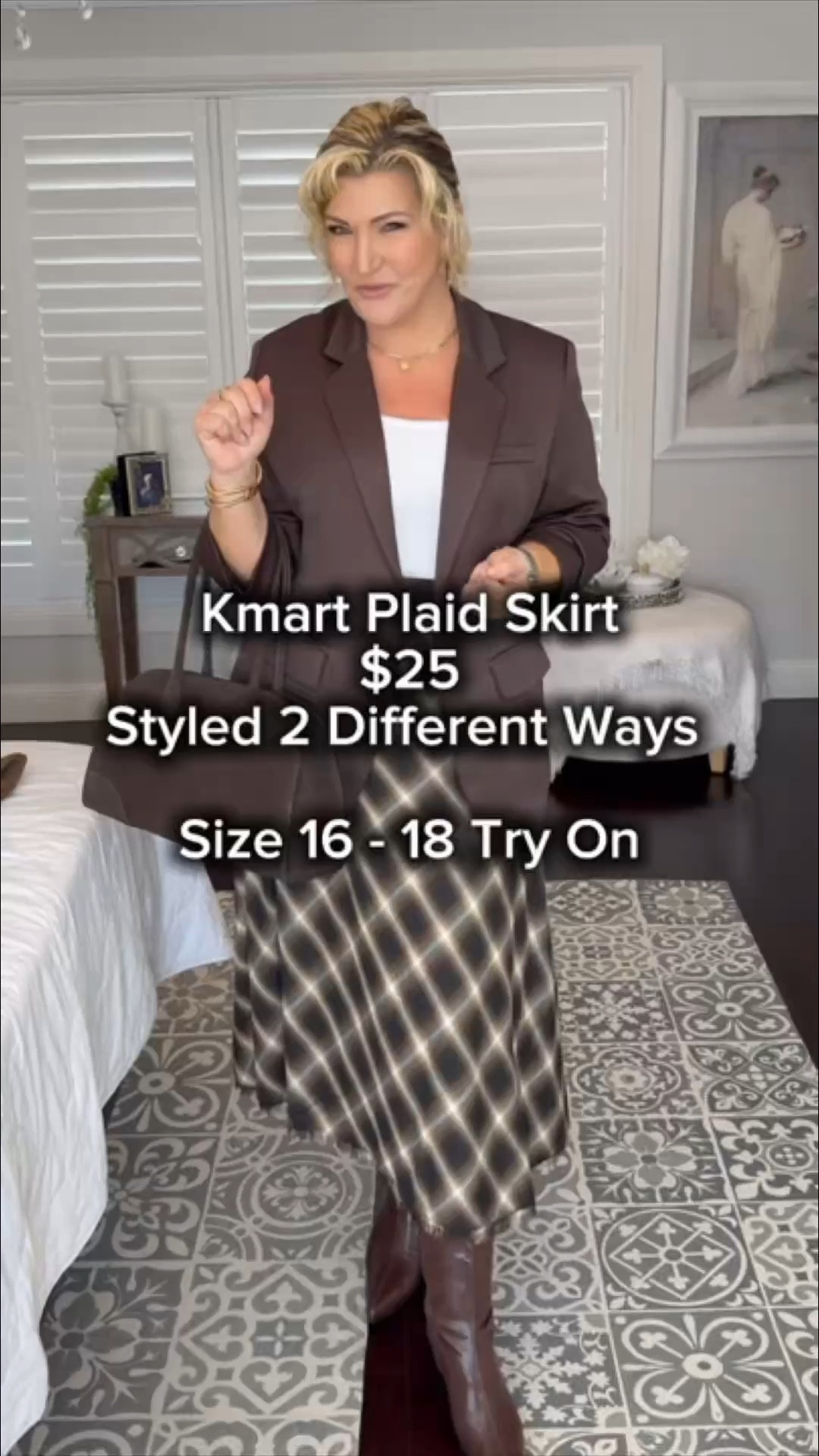 Wearing:
🤎 Kmart Asymmetrical Flannel Skirt in Brown Check – Size 16 - no link available here - please search on their website or visit your local store 
🤎 Target Australian Cotton Blend Bouclé V-Neck Sweater – Pebble – XL - LINK 👇
🤍 Off-white knitted tank (no longer available)
🤎 Chocolate brown blazer – Size 16 LINK 👇
🤎 Chocolate boots LINK 👇
🤎 Target bowler bag in chocolate suede LINK 👇  

#LTKmidsize #LTKaustralia #LTKplussize