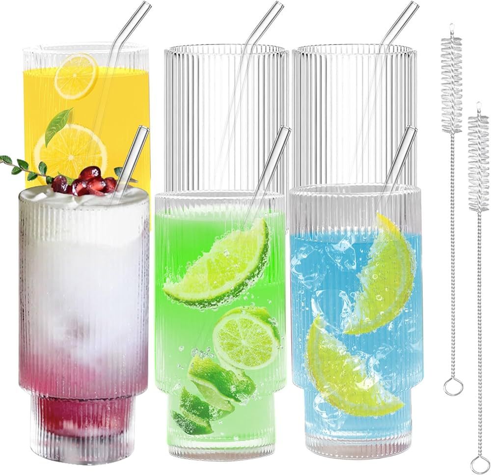 Ribbed Glassware with Straws, Drinking Glasses Cups Set of 6, Reusable Wide Mouth Iced Coffee Cup... | Amazon (US)
