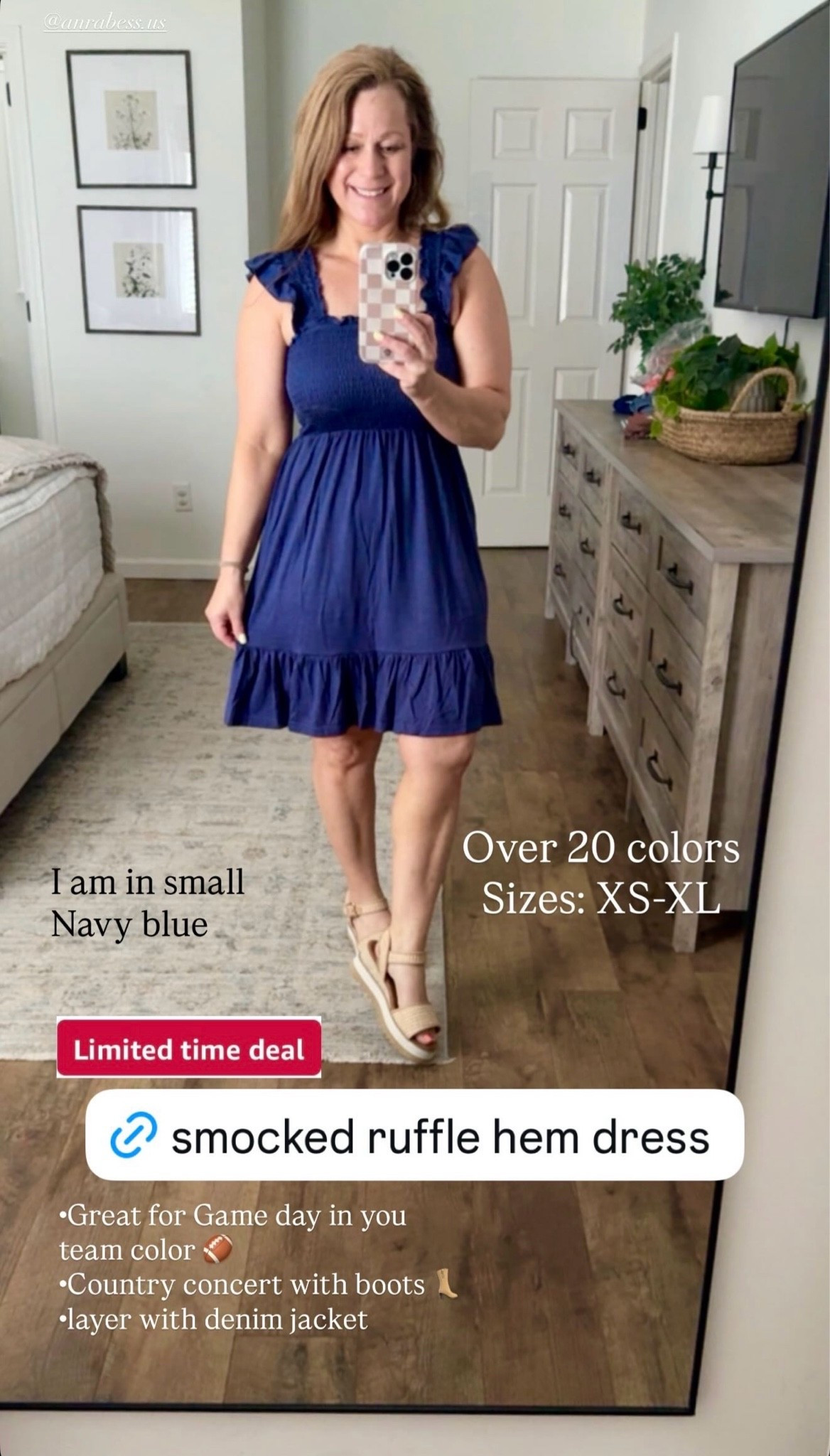 Ruffle hem dress is on sale today!
Flutter sleeve detail 
Smocked bodice 
Great layered with a denim jacket, for game day in your team color, or with cowboy boots for a country concert.

I am in a small