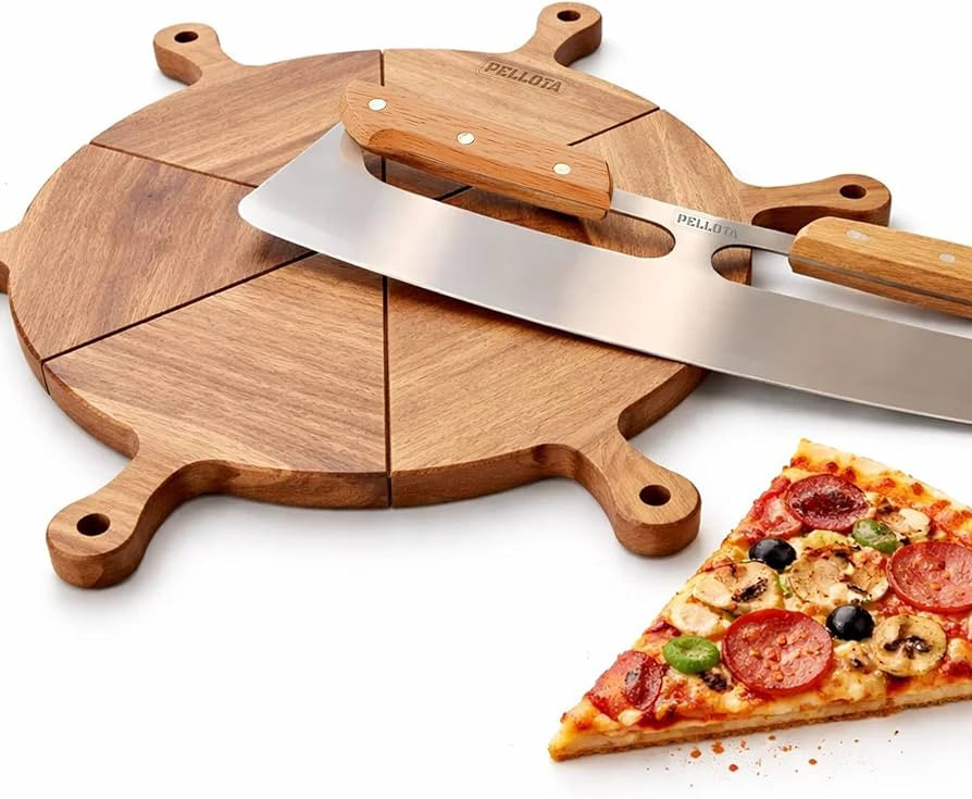 Premium Wooden Pizza Serving Board Set – 6 Slice Detachable Pizza Tray with Stainless Steel Rocker Knife, Pizza Slicer, Pizza Rocker for Parties & Gifts | Amazon (US)