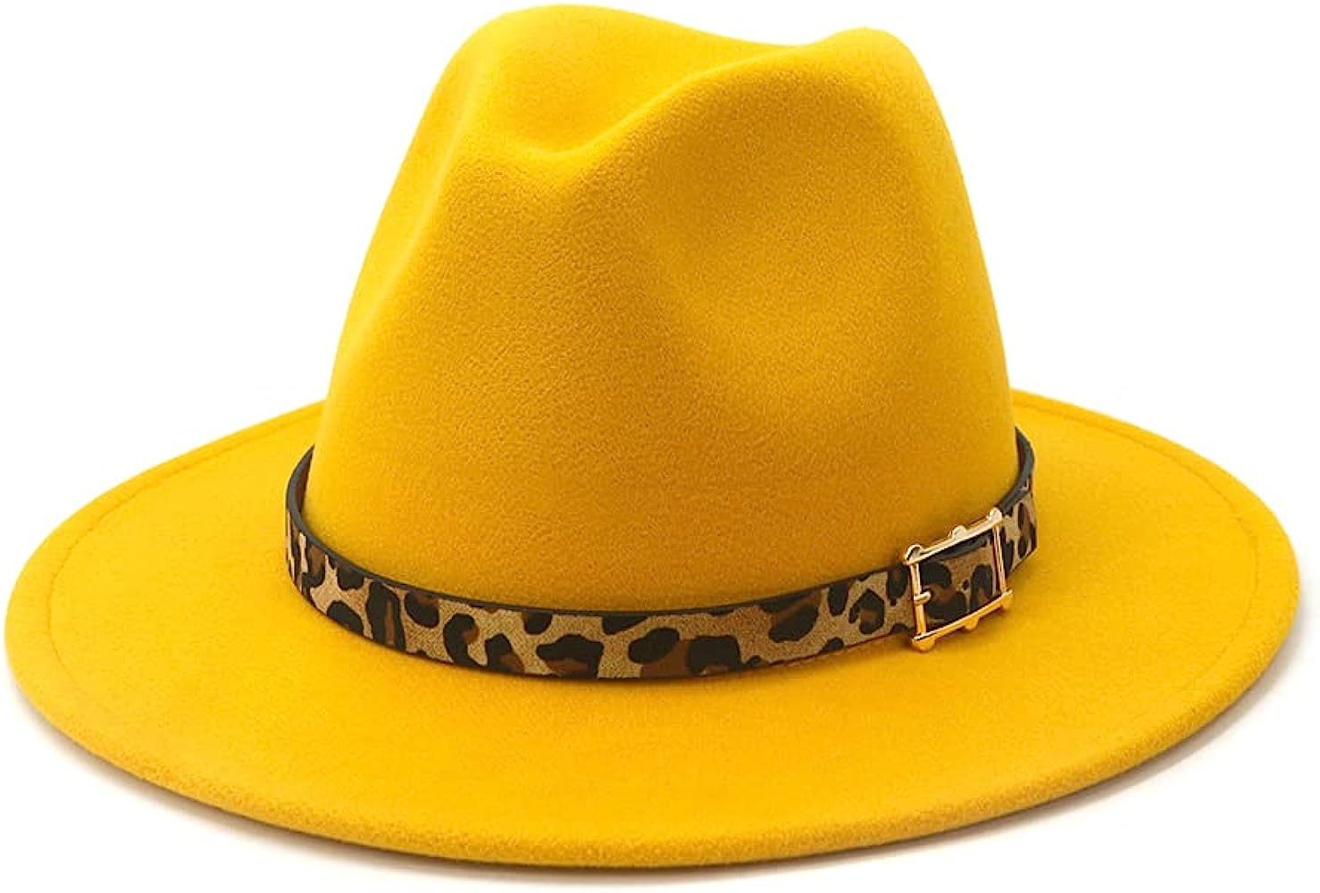 HUDANHUWEI Women's Wide Brim Felt Fedora Panama Hat with Leopard Belt Buckle | Amazon (US)