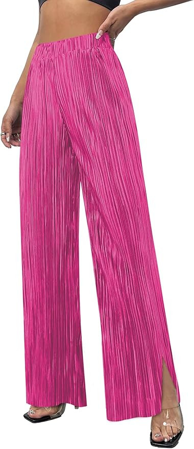 Women's Wide Leg Pants Elastic High Waist Flowy Pleated Palazzo Dress Long Plisse Pants with Pock... | Amazon (US)