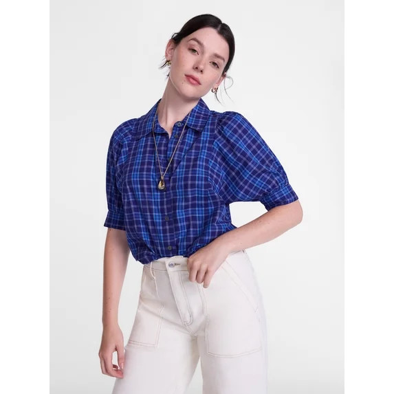 Scenario Women's Button Front Shirt with Puff Sleeves, Sizes XS-XXXL | Walmart (US)