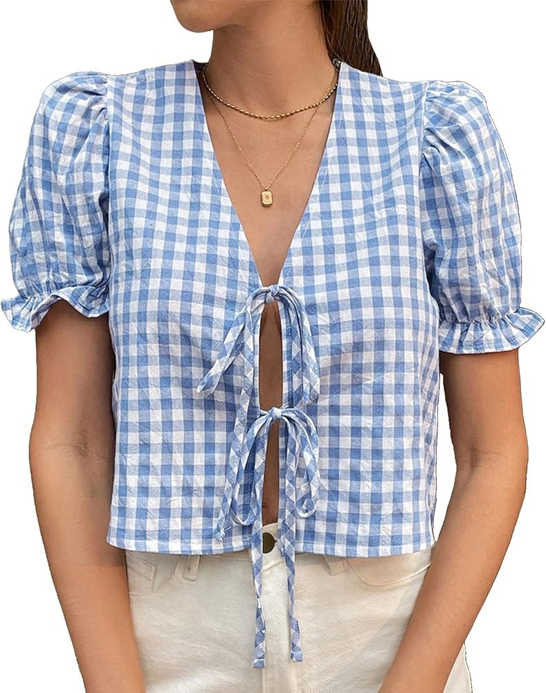 IDEALSANXUN Plaid Tie Front Shirts for Women Summer Gingham Bow V Neck Puff Short Sleeve Blouse C... | Amazon (US)
