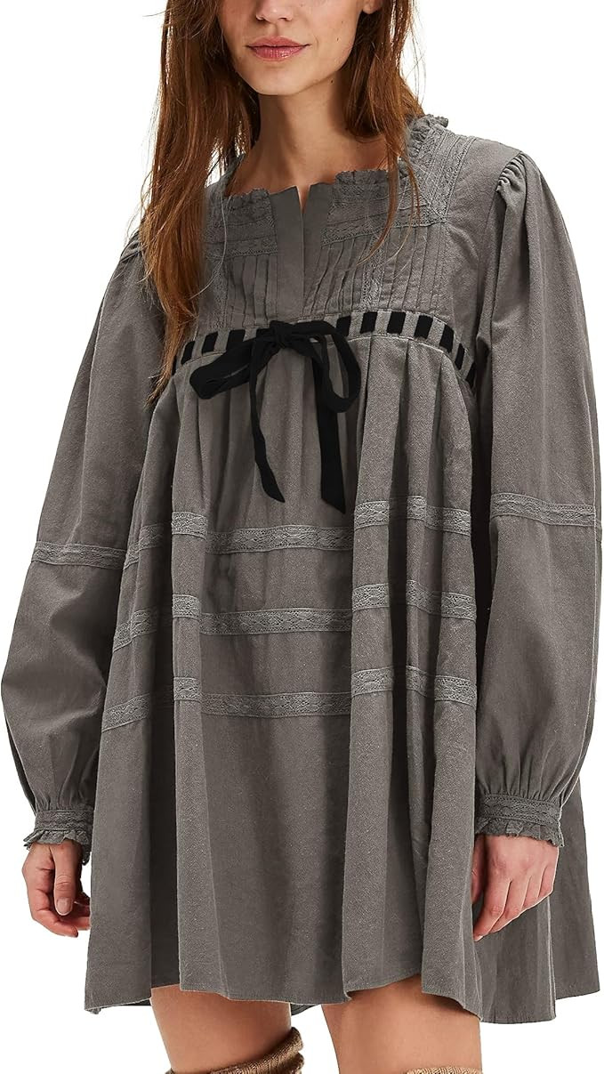 Locachy Womens 2024 Casual Cotton Dress Tie Front Square Neck Long Sleeve A Line Pleated Mini Dre... | Amazon (US)