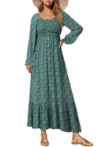 Dokotoo Womens Summer Dresses Resort Wear for Women 2026 Casual Elegant Boho Floral Square Neck Smocked Long Sleeve Button Up Beach Party Flowy Swing Long Maxi Cute Sun Dress Sundress Green Large | Amazon (US)