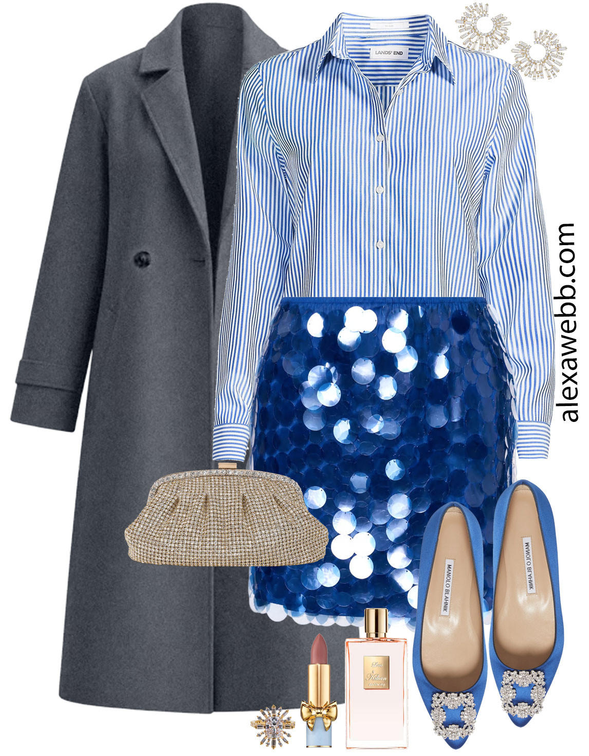 Plus Size Blue Holiday Outfits - A plus size holiday gathering outfit. Great for parties or dinners this holiday season. A little sparkle, yessss! A blue striped shirt is paired with a blue sequin skirt. Top with a grey maxi coat as needed. Alexa Webb #plussize 

 #LTKSeasonal #LTKOver40 #LTKPlusSize