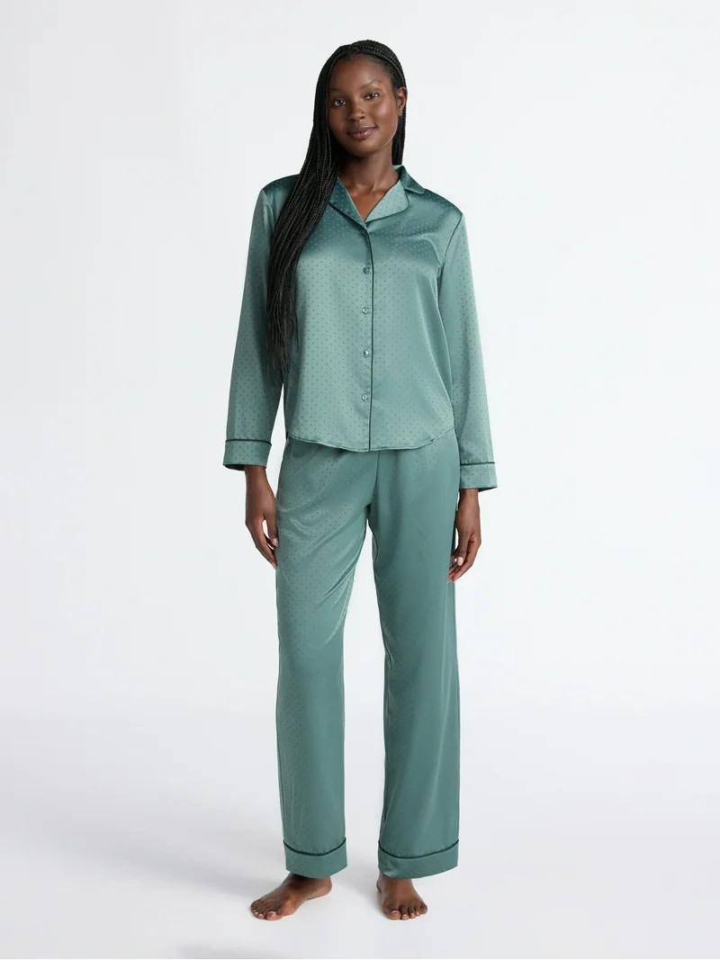 Joyspun Women’s Stretch Satin Notch Long Sleeve Top and Pants Pajama Set, 2-Piece, Sizes XS-3X ... | Walmart (US)