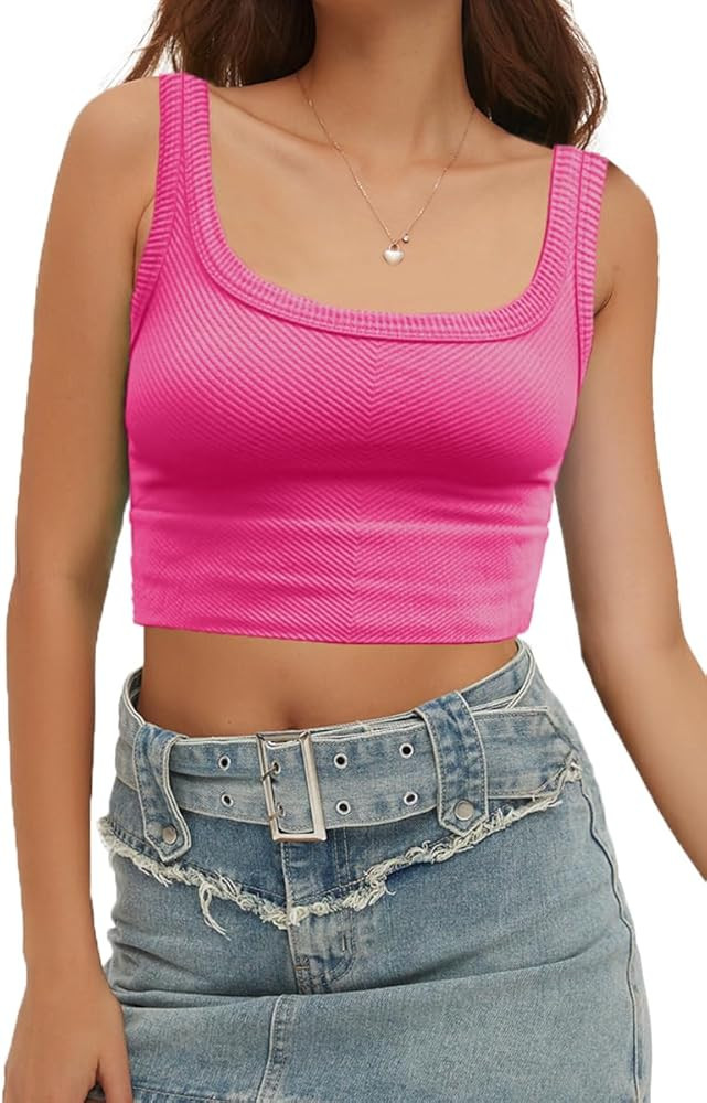 CHYRII Womens Summer Square Neck Going Out Tops Ribbed Basic Tank Crop Workout Tops | Amazon (US)