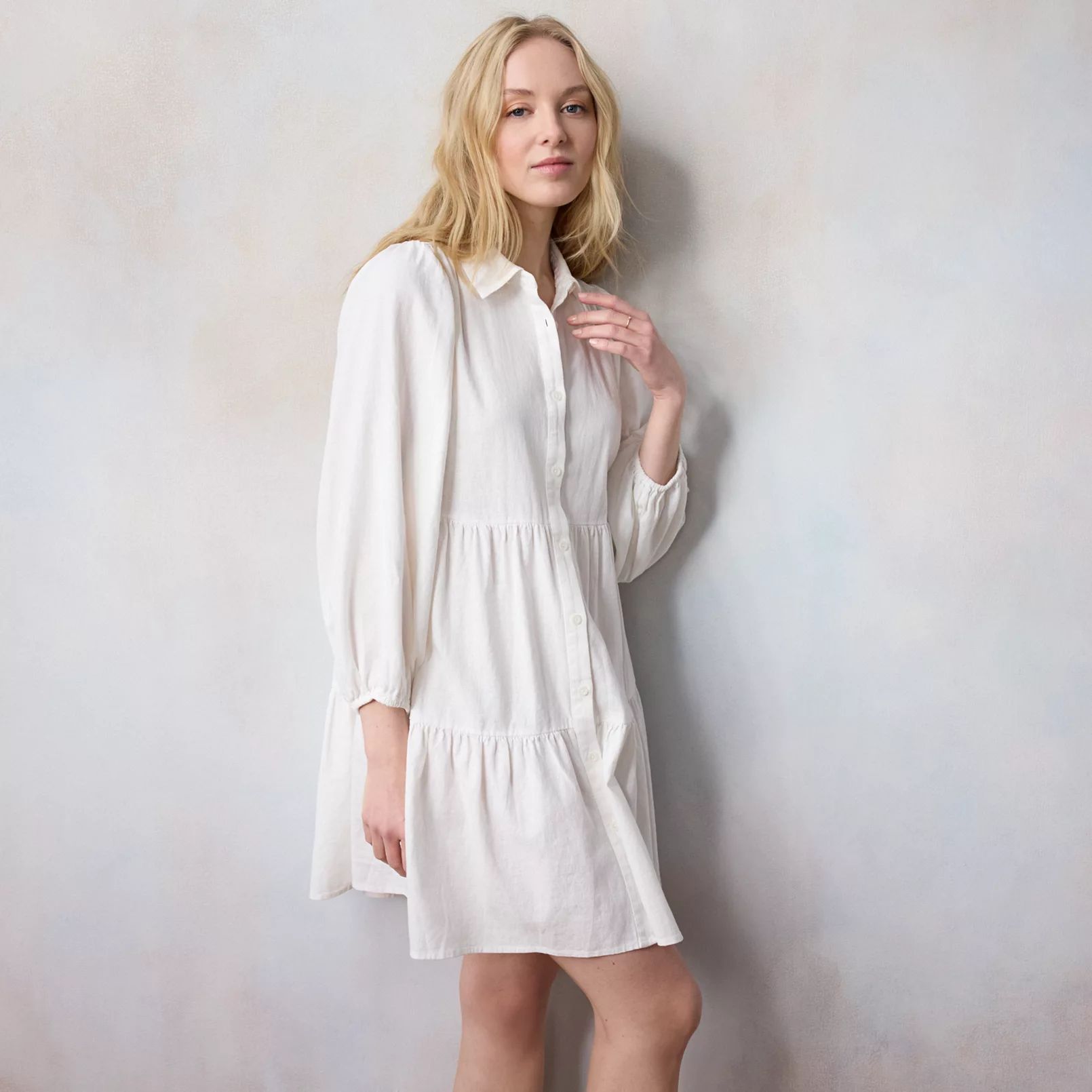 Women's LC Lauren Conrad Button Front Tiered Long Sleeve Mini Shirt Dress | Kohl's