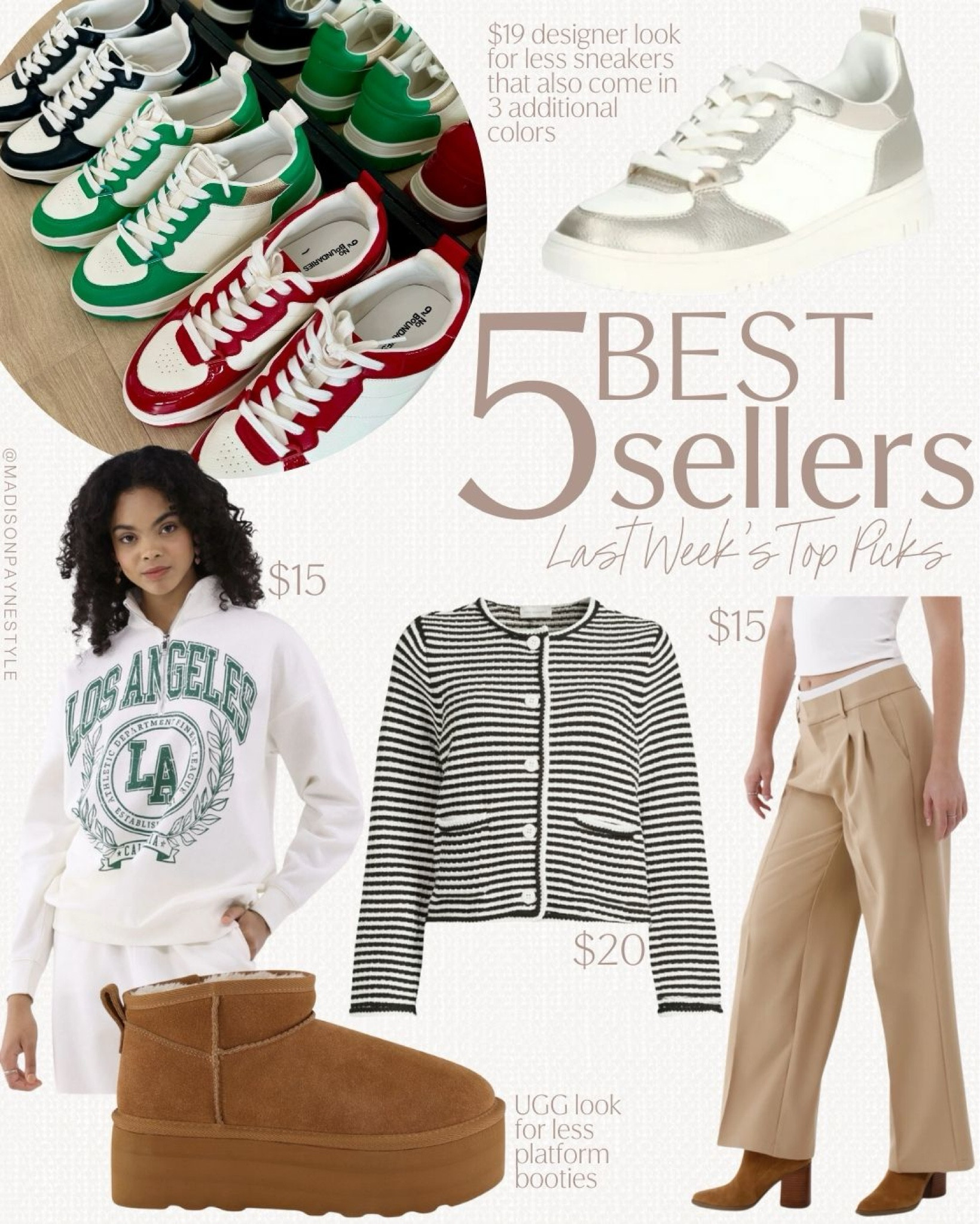Best Sellers include $19 designer look for less sneakers, a $15 destination hoodie (currently trending!), a $20 striped cardigan perfect for transitioning to cooler weather, “layered” trouser only $15, and a pair of UGG look for less mini platform booties

Sneakers, look for less sneakers, designer look for less, UGG look for less, cardigan, trousers, suede booties, hoodie

#LTKFindsUnder100 #LTKSeasonal #LTKStyleTip