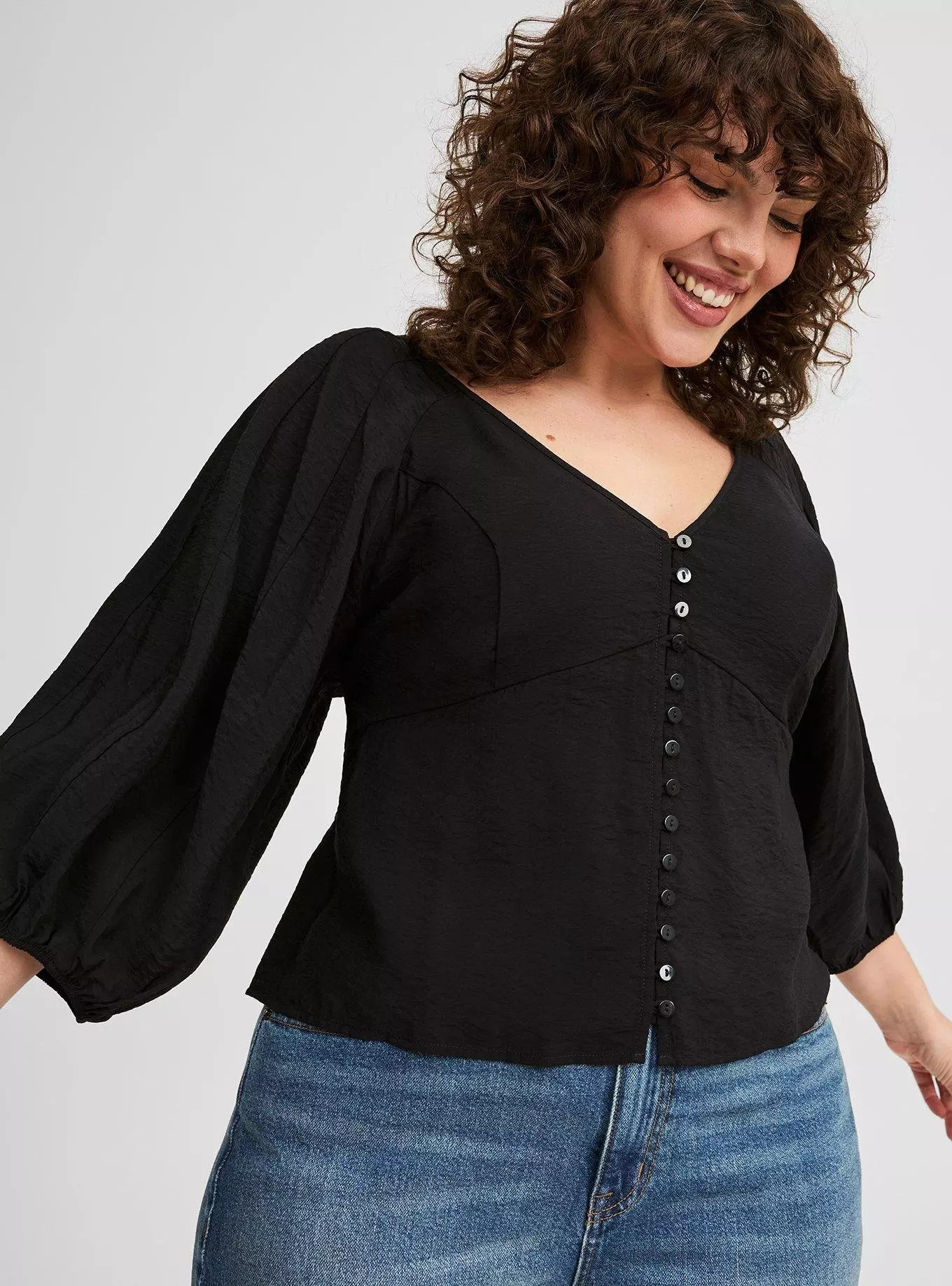 Button Front V-Neck Crop Blouse | Torrid (US & Canada)