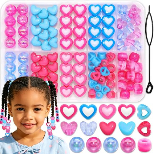 NAISKA 108PCS Hot Pink Blue Hair Beads 12 Styles Box Beads for Hair Heart Dreadlock Jewelry Iridescent Braids Bead Loc Jewelry Cute Hair Accessories for Kids Girls | Amazon (US)