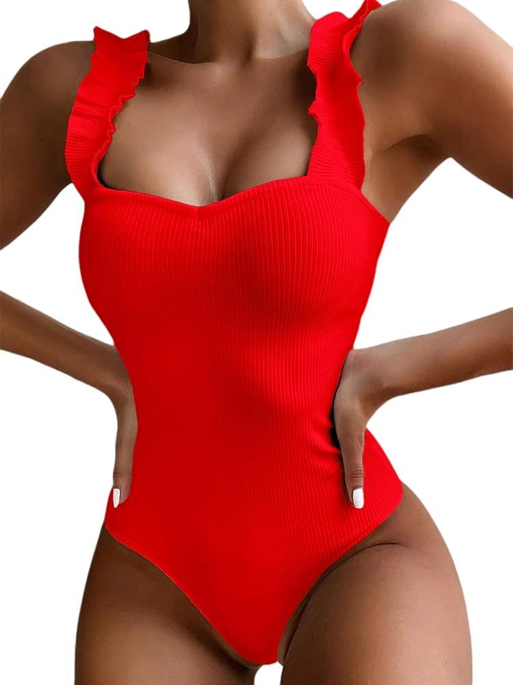 Avanova Women's Ruffle Strappy Ribbed One Piece Swimsuits Tummy Control Swimwear Bathing Suits | Amazon (US)