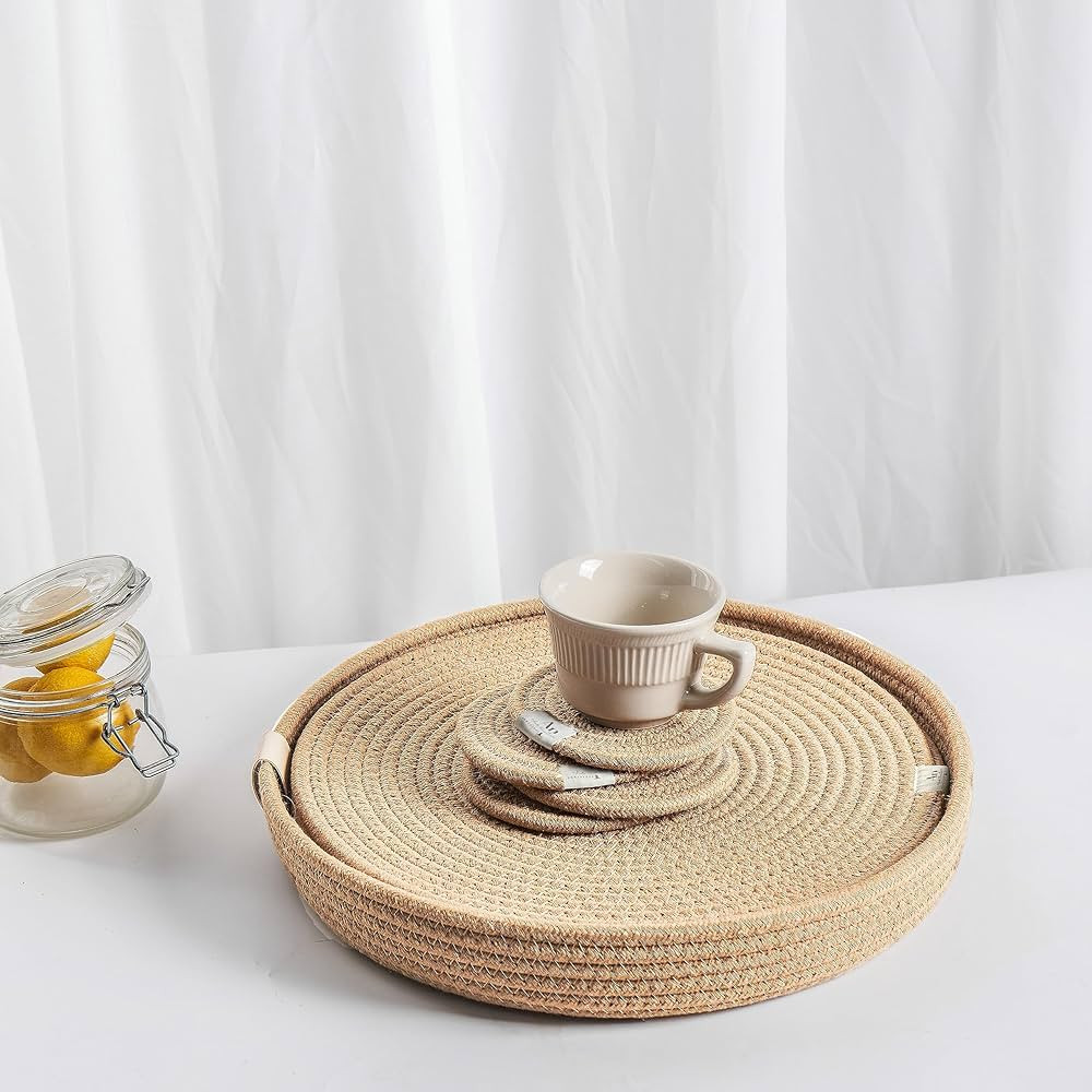 Art PineCone's 13-inches Woven Cotton Rope Round Placemats Set of 4 with Holder Included, Non-Sli... | Amazon (US)