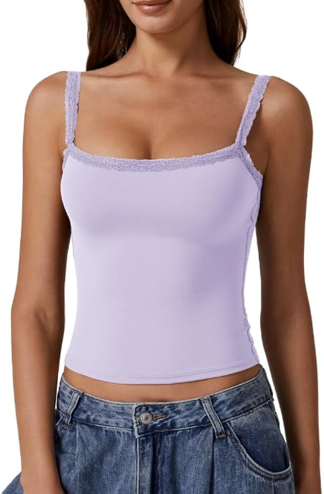 QINSEN Womens Square Neck Lace Trim Tank Top Double Lined Slim Fitted Y2k Going Out Camisole Shir... | Amazon (US)