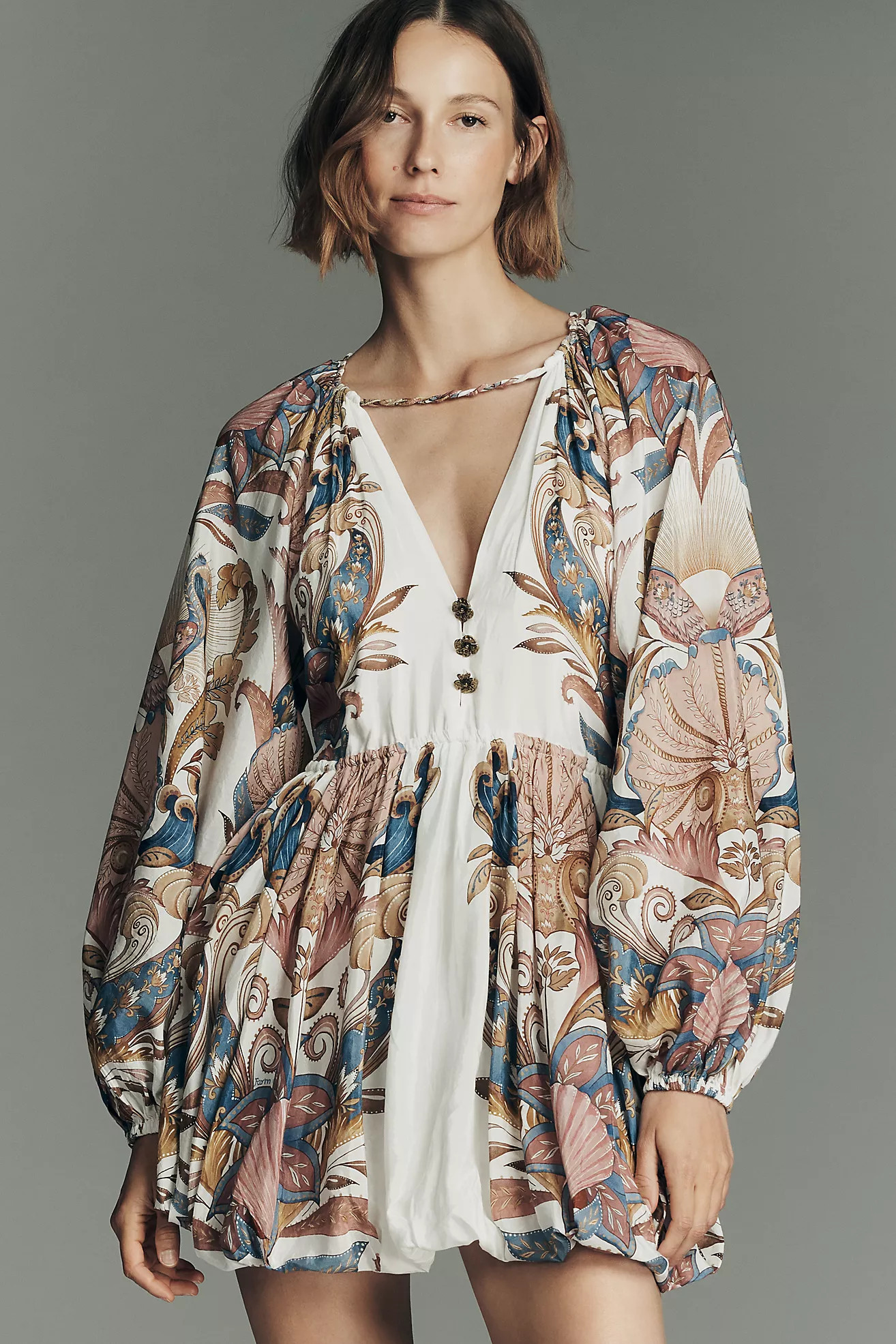 Farm Rio Sea Garden Long-Sleeve Plunge Mini Dress | Anthropologie (US)