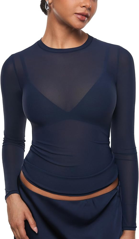 INLYRIC Women's Cosnufy Mesh Sheer Long Sleeve Tops See Through Crew Neck Going Out Tops Trendy S... | Amazon (US)