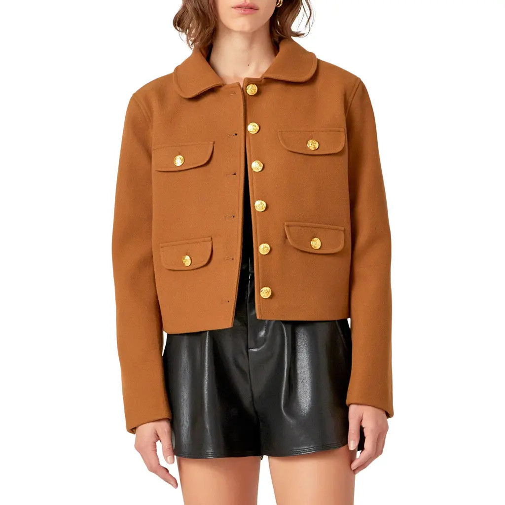 English Factory Button Front Crop Blazer in Olive Brown at Nordstrom, Size Medium | Nordstrom