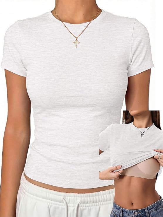 Danysu Nude Built in Bra Cotton Jersey T Shirt No See Through Stretchy Lightweight Fitted Everyda... | Amazon (US)