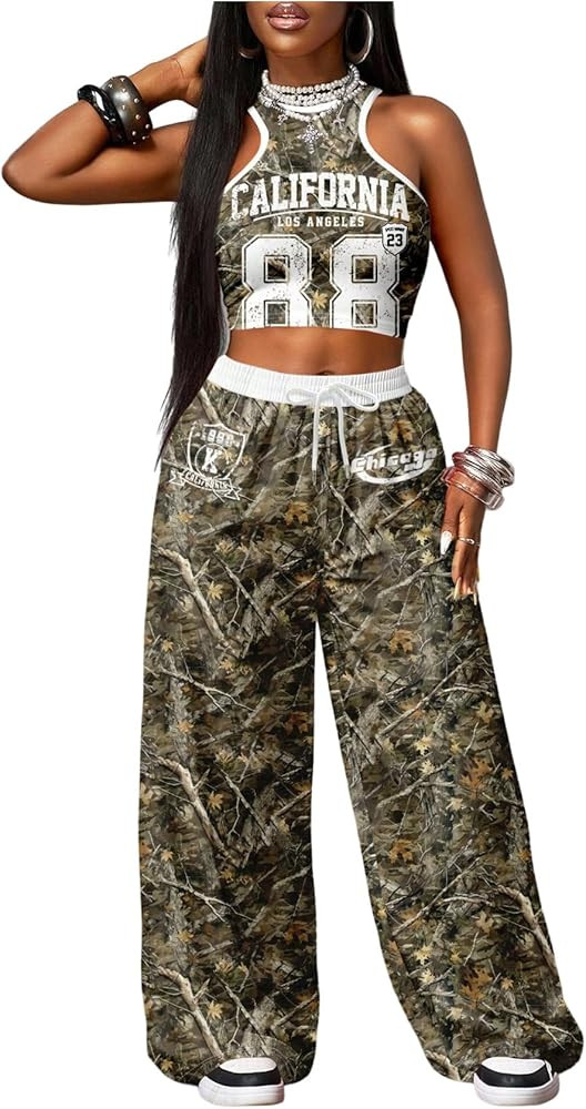 SweatyRocks Women's 2 Piece Outfits Jersey Letter Graphic Crop Tank Top and Drawstring Baggy Pant... | Amazon (US)