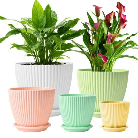 5-Pack Plastic Plant Pots with Drainage Holes and Saucer Trays, 7.5/6.7/6/5/4.1 Inch Flower Pots, Multicolor Planters for Indoor & Outdoor Plants | Walmart (US)
