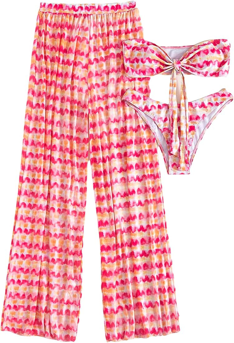 OYOANGLE Women's 3 Pieces Bathing Suit Tie Dye Knot Front Bandeau Bikini Swimsuit with Cover Up Pant | Amazon (US)